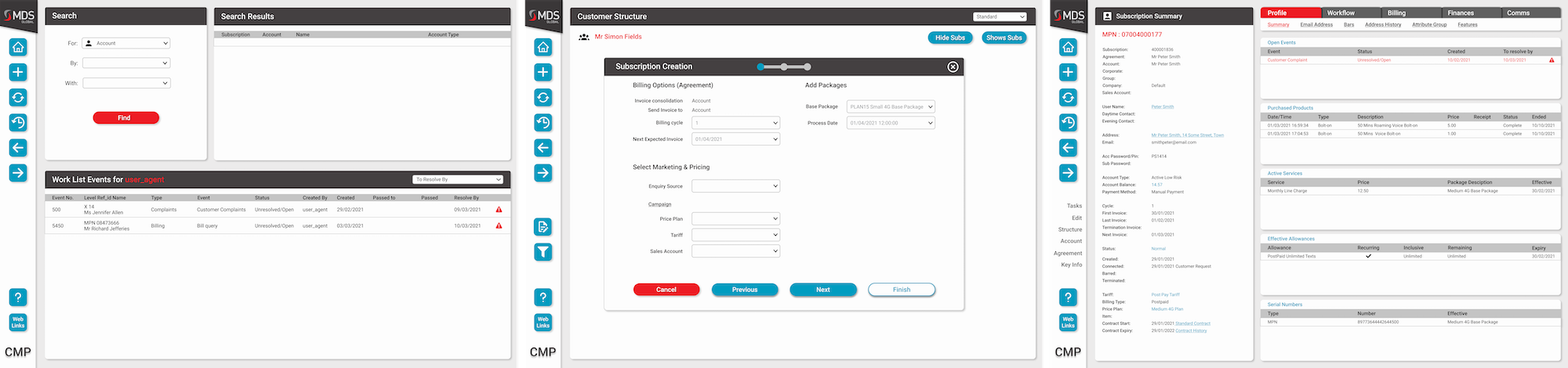 screenshots of call centre system